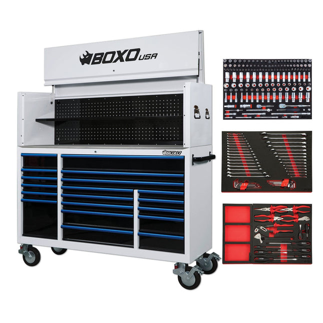 BoxoUSA-Pro Series | 72" 19-Drawer Rolling Tool Box with Garage Top and 217-Piece Master Tool Set | Gloss White, Blue Trim-[product_sku]