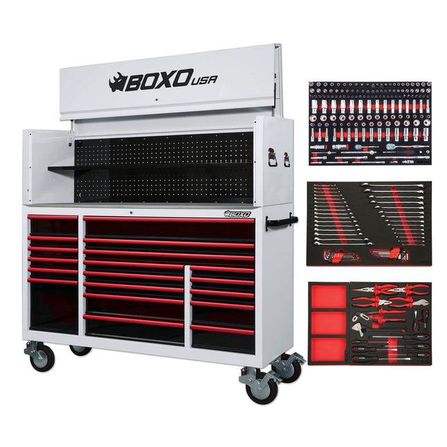 BoxoUSA-Pro Series | 72" 19-Drawer Rolling Tool Box with Garage Top and 217-Piece Master Tool Set | Gloss White, Red Trim-[product_sku]