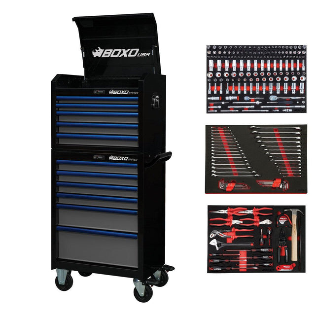 BoxoUSA-Pro Series | Loaded 26" 11-Drawer Rolling Tool Box | Black and Blue-26TBM-BK-B1