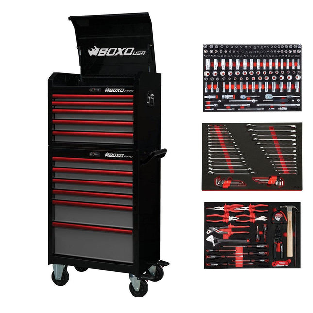 BoxoUSA-Pro Series | Loaded 26" 11-Drawer Rolling Tool Box | Black and Red-26TBM-BK-R1