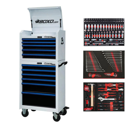 BoxoUSA Pro Series | Loaded 26" 11-Drawer Rolling Tool Box | White and Blue 26TBM-W-B1