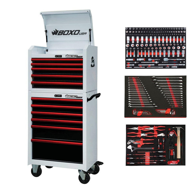 BoxoUSA-Pro Series | Loaded 26" 11-Drawer Rolling Tool Box | White and Red-26TBM-W-R1