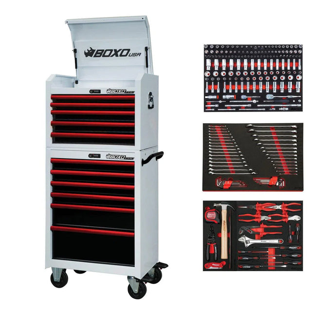 BoxoUSA Pro Series | Loaded 26" 11-Drawer Rolling Tool Box | White and Red 26TBM-W-R1