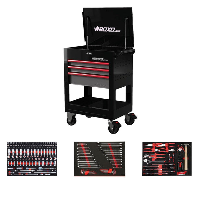 BoxoUSA-Pro Series | Loaded 28" 3-Drawer Flip Top Service Cart Tool Box-28BM-BK-R