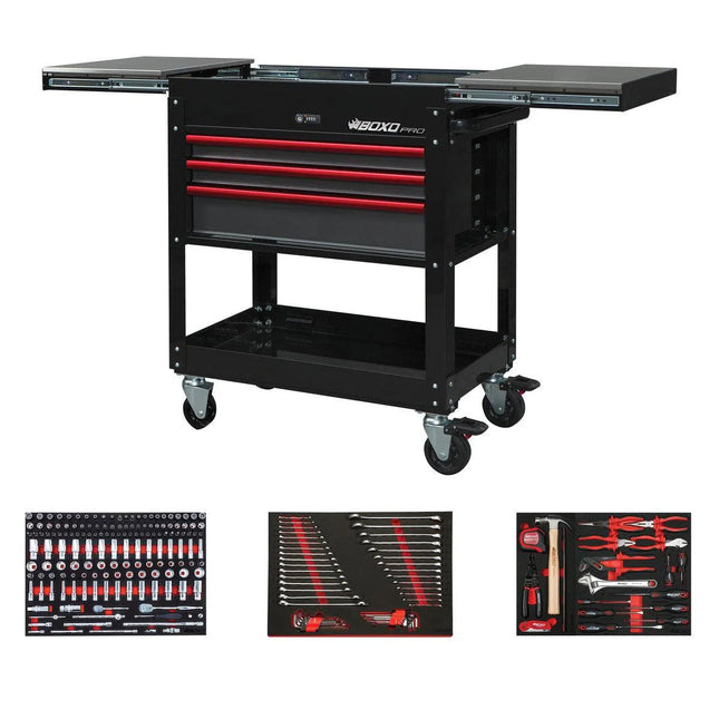 BoxoUSA Pro Series | Loaded 35" 3-Drawer Slide-Top Service Cart Tool Box 35SBM-BK-R