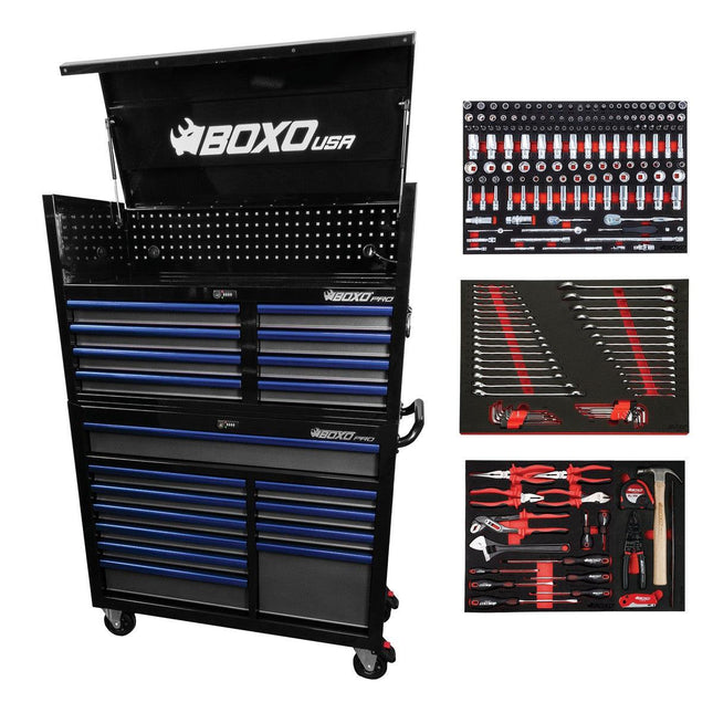 BoxoUSA-Pro Series | Loaded 45" 19-Drawer Rolling Tool Box | Black and Blue-45TBM-BK-B1