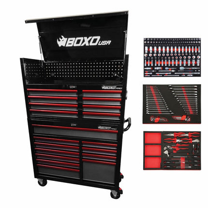 BoxoUSA-Pro Series | Loaded 45" 19-Drawer Rolling Tool Box | Black and Red-[product_sku]