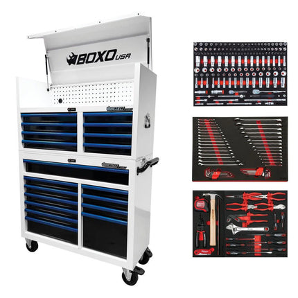 BoxoUSA Pro Series | Loaded 45" 19-Drawer Rolling Tool Box | White and Blue 45TBM-W-B1