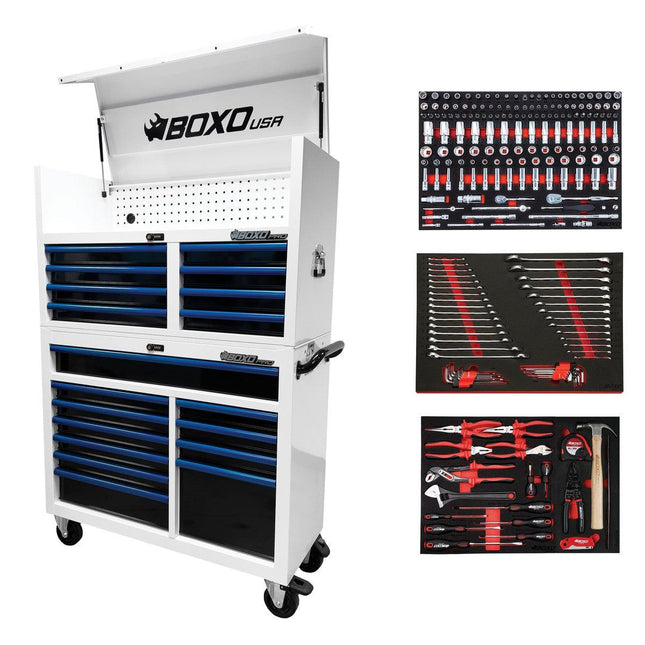 BoxoUSA-Pro Series | Loaded 45" 19-Drawer Rolling Tool Box | White and Blue-45TBM-W-B1