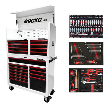 BoxoUSA Pro Series | Loaded 45" 19-Drawer Rolling Tool Box | White and Red 45TBM-W-R1