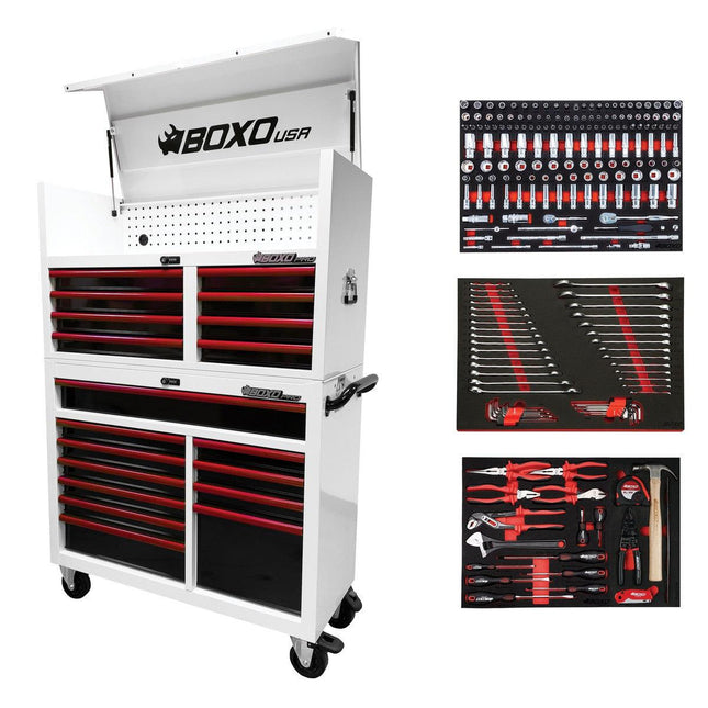 BoxoUSA-Pro Series | Loaded 45" 19-Drawer Rolling Tool Box | White and Red-45TBM-W-R1