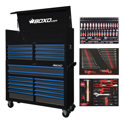 BoxoUSA Pro Series | Loaded 53" 20-Drawer Rolling Tool Box | Black and Blue 53TBM-BK-B1