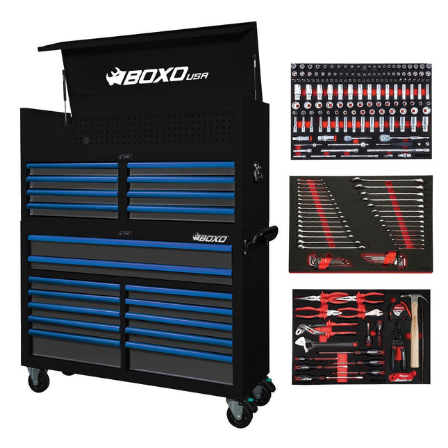 BoxoUSA-Pro Series | Loaded 53" 20-Drawer Rolling Tool Box | Black and Blue-53TBM-BK-B1