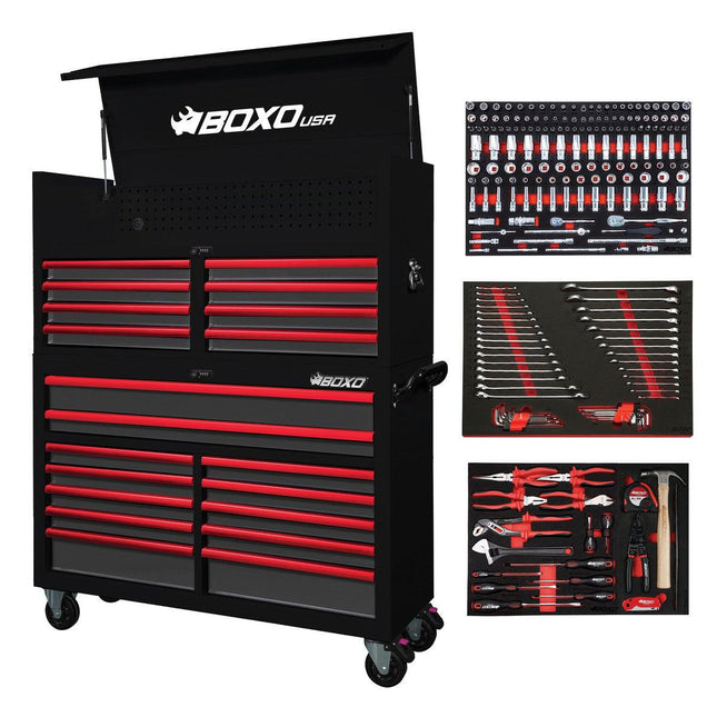 BoxoUSA-Pro Series | Loaded 53" 20-Drawer Rolling Tool Box | Black and Red-53TBM-BK-R1