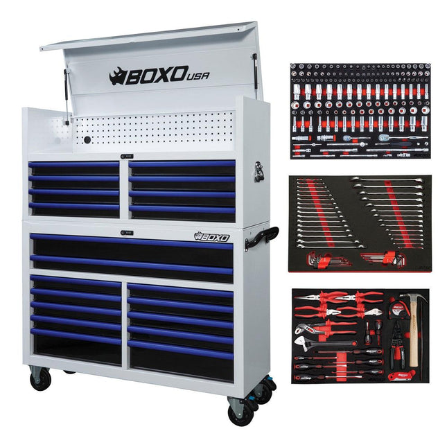 BoxoUSA-Pro Series | Loaded 53" 20-Drawer Rolling Tool Box | White and Blue-53TBM-W-B1