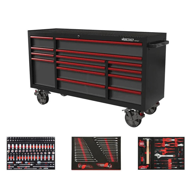 BoxoUSA Pro Series | 72" 14-Drawer Rolling Tool Box with 222-Piece Master Tool Set 72BM-BK-R2