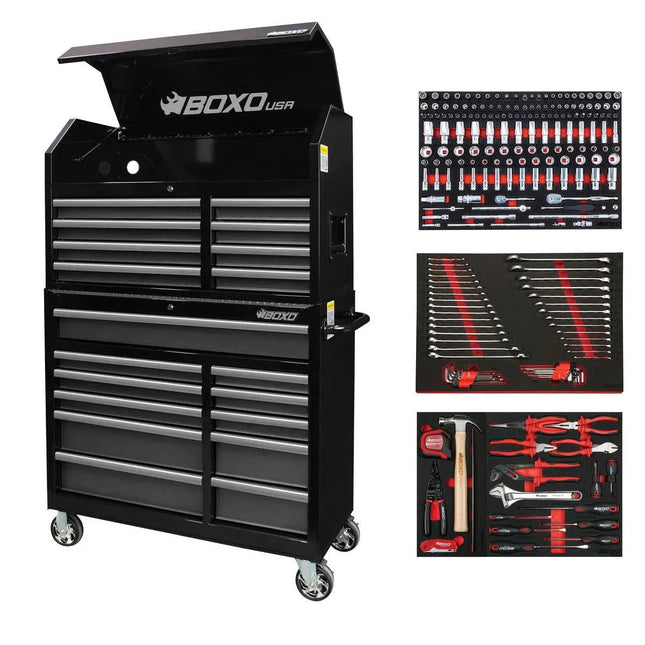 BoxoUSA Tech Series | 41" 19-Drawer Rolling Tool Box with 222-Piece Master Tool Set | Black 41TBM-BK