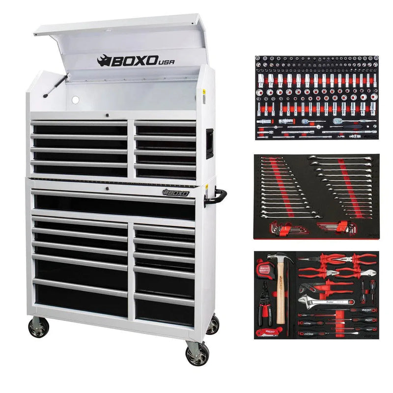 BoxoUSA Tech Series | 41" 19-Drawer Rolling Tool Box with 222-Piece Master Tool Set | White 41TBM-W