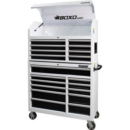 BoxoUSA Tech Series | Loaded 41" 19-Drawer Rolling Tool Box | White 41TBM-W