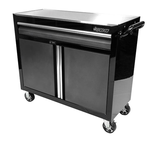 BoxoUSA-Tech Series | 45" Rolling Display Cabinet with Stainless Steel Countertop | Black-[product_sku]
