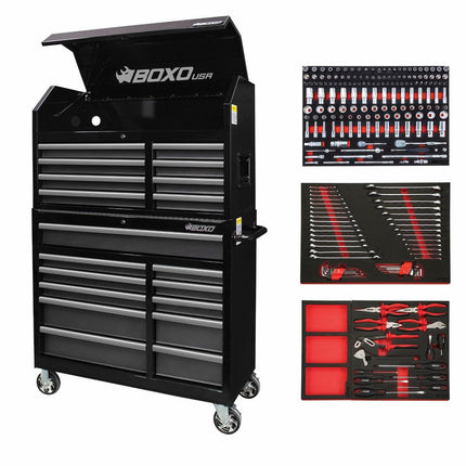 BoxoUSA-Tech Series | Loaded 41" 19-Drawer Rolling Tool Box | Black-41TBM-BK