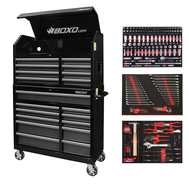 BoxoUSA Tech Series | Loaded 41" 19-Drawer Rolling Tool Box | Black 41TBM-BK