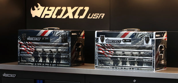 Boxo USA limited edition America 250 Tool boxes on a counter top