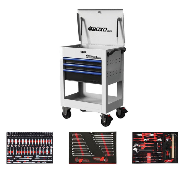 BoxoUSA-Pro Series | Loaded 28" 3-Drawer Flip Top Service Cart Tool Box-28BM-W-B