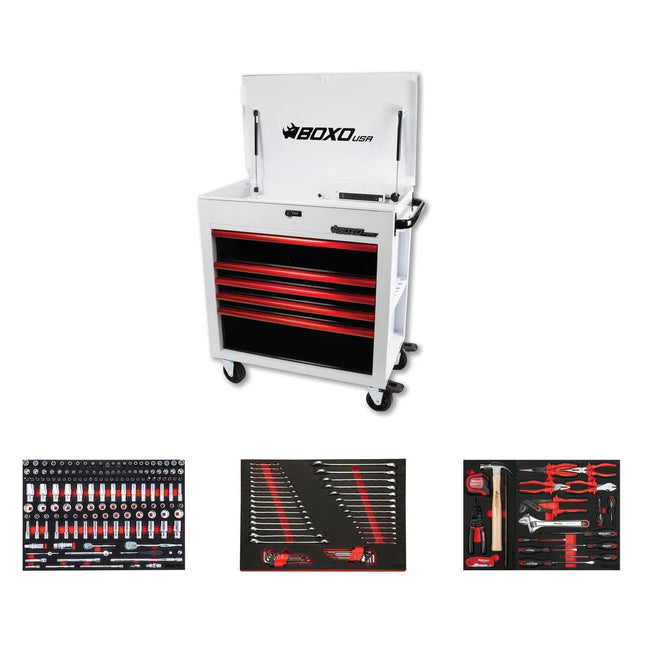 BoxoUSA Pro Series | Loaded 35" 5-Drawer Flip-Top Service Cart Tool Box 35FBM-W-R