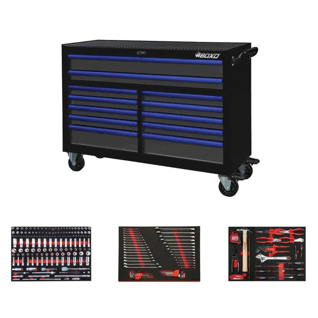 BoxoUSA Pro Series | 53" 12-Drawer Rolling Tool Box with 233-Piece Master Tool Set 53BM-BK-B