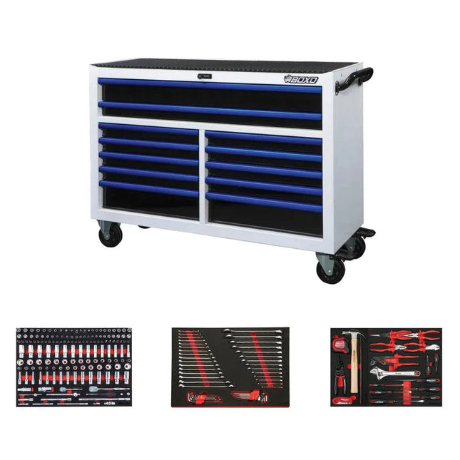 BoxoUSA Pro Series | 53" 12-Drawer Rolling Tool Box with Master Tool Set 53BM-W-B