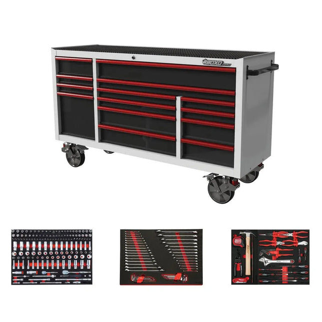 BoxoUSA Pro Series | 72" 14-Drawer Rolling Tool Box with 233-Piece Master Tool Set 72BM-W-R