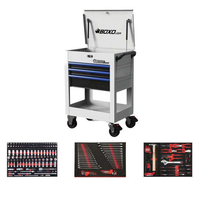 BoxoUSA Pro Series | 28" 3-Drawer Flip Top Service Cart Tool Box with 233-Piece Master Tool Set 28BM-W-B