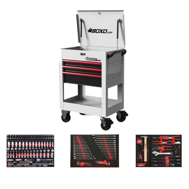 BoxoUSA Pro Series | Loaded 28" 3-Drawer Flip Top Service Cart Tool Box 28BM-W-R