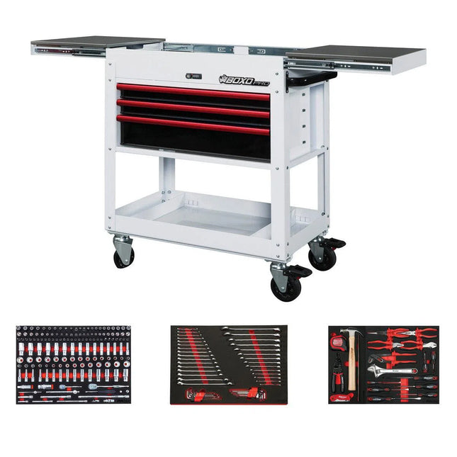 BoxoUSA Pro Series | 35" 3-Drawer Slide-Top Service Cart Tool Box with 222-Piece Master Tool Set 35SBM-W-R