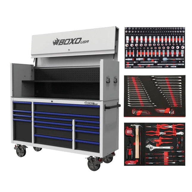 BoxoUSA Pro Series | Loaded 72" 14-Drawer Garage Top Rolling Tool Box | White 72TBM-W-B