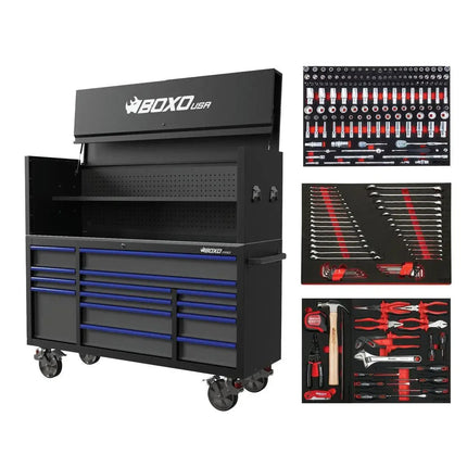 BoxoUSA Pro Series | 72" 14-Drawer Garage Top Rolling Tool Box with 233-Piece Master Tool Set 72TBM-BK-B