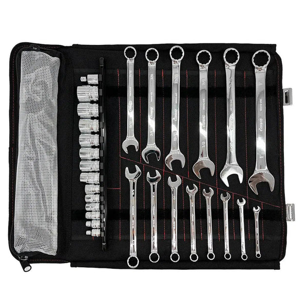 28-Piece SAE Tool Roll open showing 14 SAE combination wrenches and SAE sockets on an aluminum socket rail