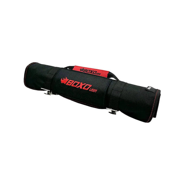 BoxoUSA 28-Piece SAE Tool Roll rolled closed with red carry handle
