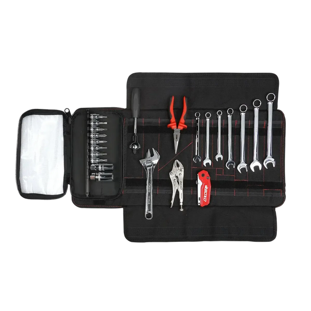 Snowmobile Roll open showing combination wrenches, bit sockets, folding ratchet, pliers and adjustable wrench