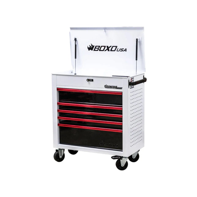 BoxoUSA Pro Series 35" | 5-Drawer Flip-Top Service Cart Tool Box UAS342051LM-W-R
