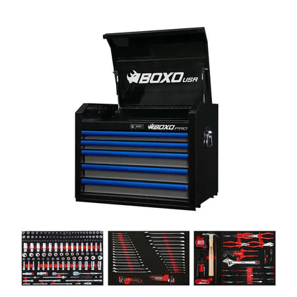 BoxoUSA Pro Series | 26" 5-Drawer Tool Box with 222-Piece Master Tool Set 26TM-BK-B