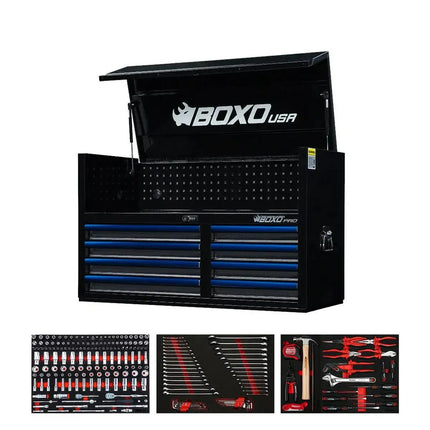 BoxoUSA Pro Series | 45" 8-Drawer Tool Box with 222-Piece Master Tool Set 45TM-BK-B