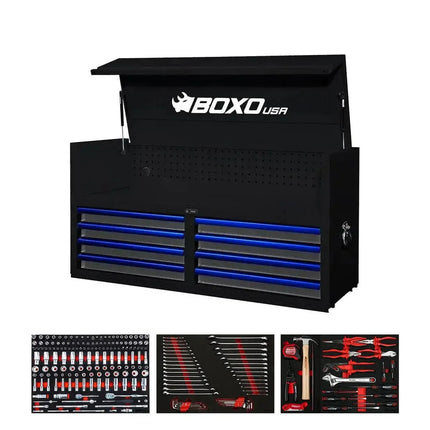 BoxoUSA Pro Series | 53" 8-Drawer Tool Box with 222-Piece Master Tool Set 53TM-BK-B