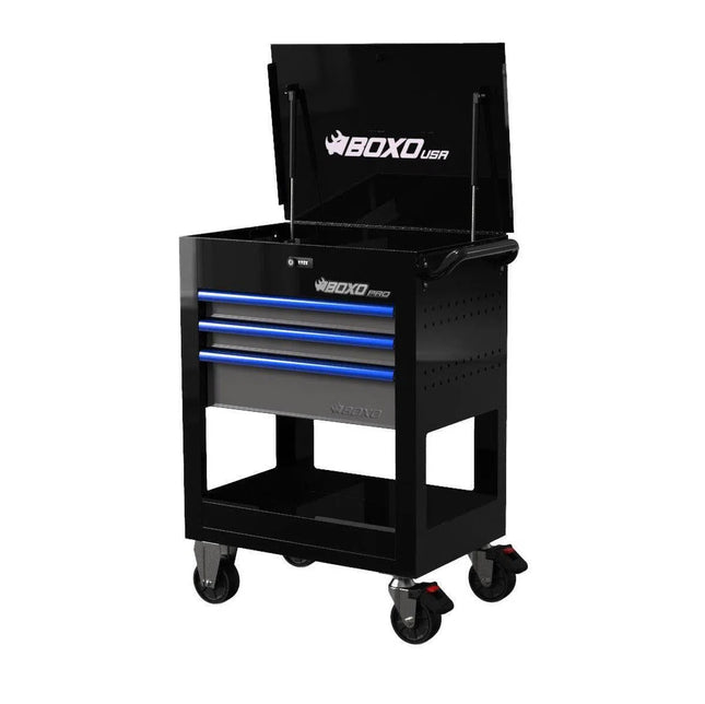 BoxoUSA Pro Series | 28" 3-Drawer Flip top Service Cart Tool Box with Anti-Tip | No Trim 