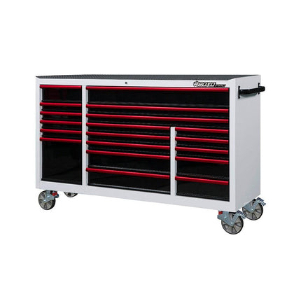 Pro Series | 72" 19-Drawer Rolling Tool Box with Garage Top and 217-Piece Master Tool Set | Gloss White, Red Trim