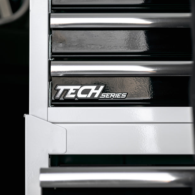 BoxoUSA Tech Series badge on rolling tool box—affordable tool chest with power strips for mechanics and workshops.
