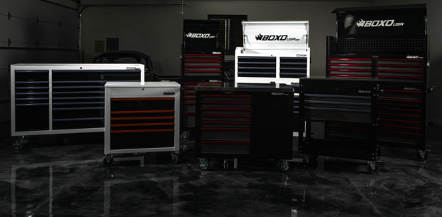 Variety of BoxoUSA Pro and Tech Series tool chests—heavy-duty steel rolling cabinets with locking drawers, built for automotive and industrial workspaces.