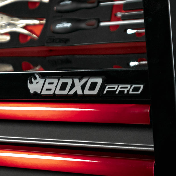 BoxoUSA Pro Series badge on heavy-duty rolling tool box—professional tool chest for automotive and industrial use.