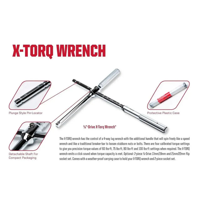 BoxoUSA 1/2” Drive X-Torq 4-Setting Preset Torque Wrench (60–100 lb-ft) TWT4-138S